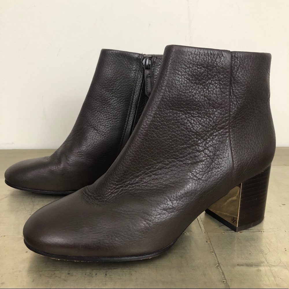 Tory Burch Cleveland Brown Leather Ankle Bootie Block Heel Style 32158683